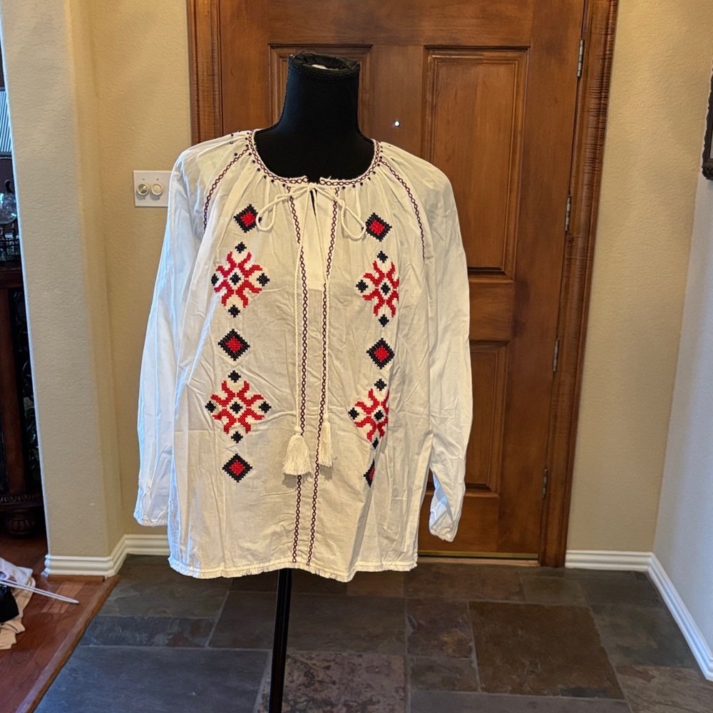 BellanBlue White Cotton Blouse with Red and Black Embroidery & black beads.
